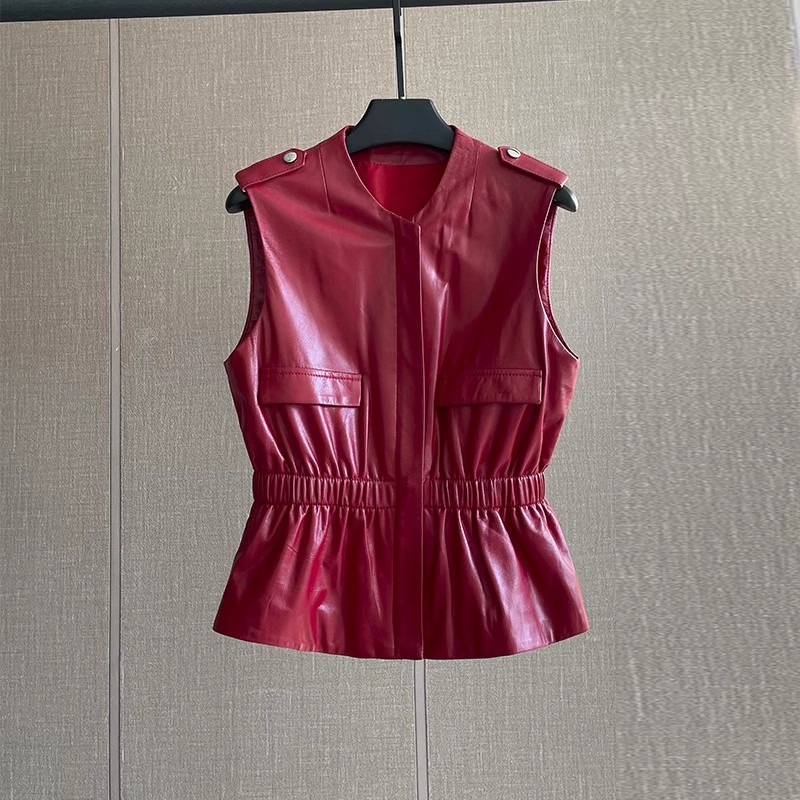 Women'S Fashion Leather Jacket - Damska czerwona kamizelka z prawdziwej skóry,