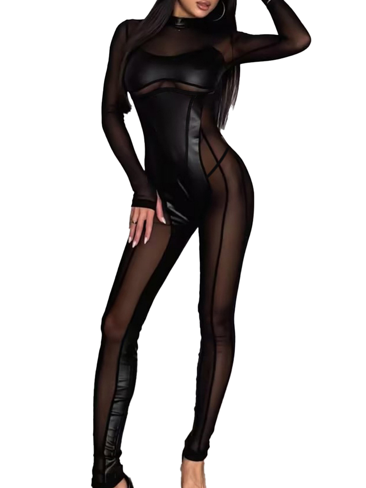 Women Fashion Outfits - Modny kombinezon modelujący sylwetkę z siateczkowymi