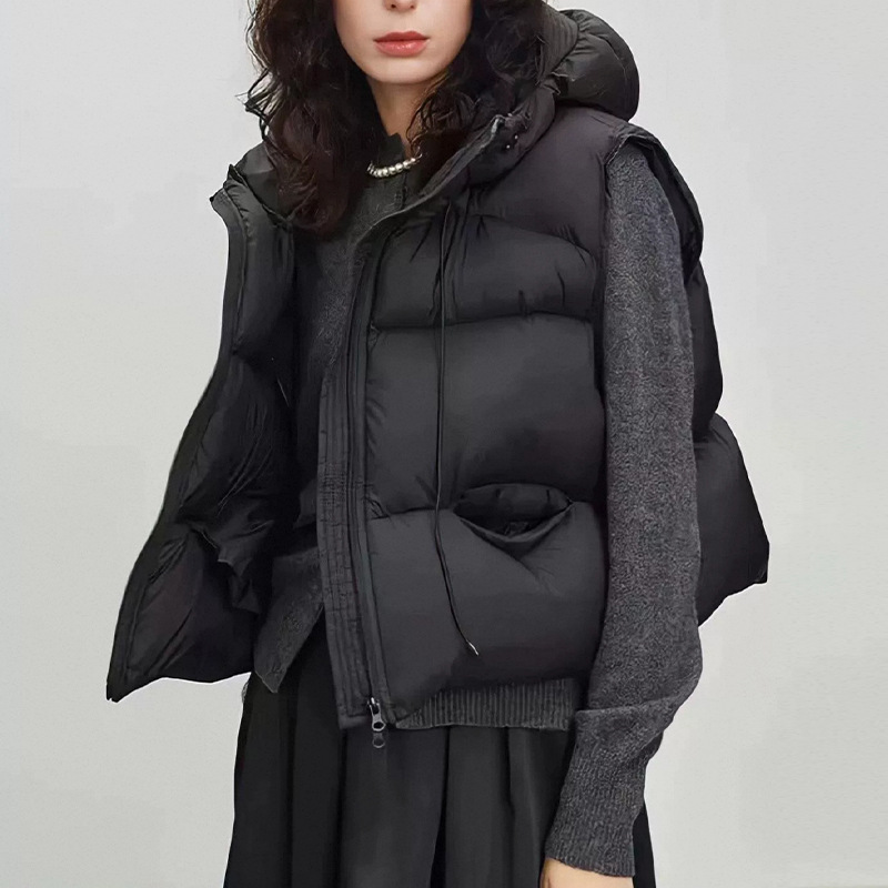 Puffer Vest Fashion Women - Damska biała kamizelka puchowa z kapturem,
