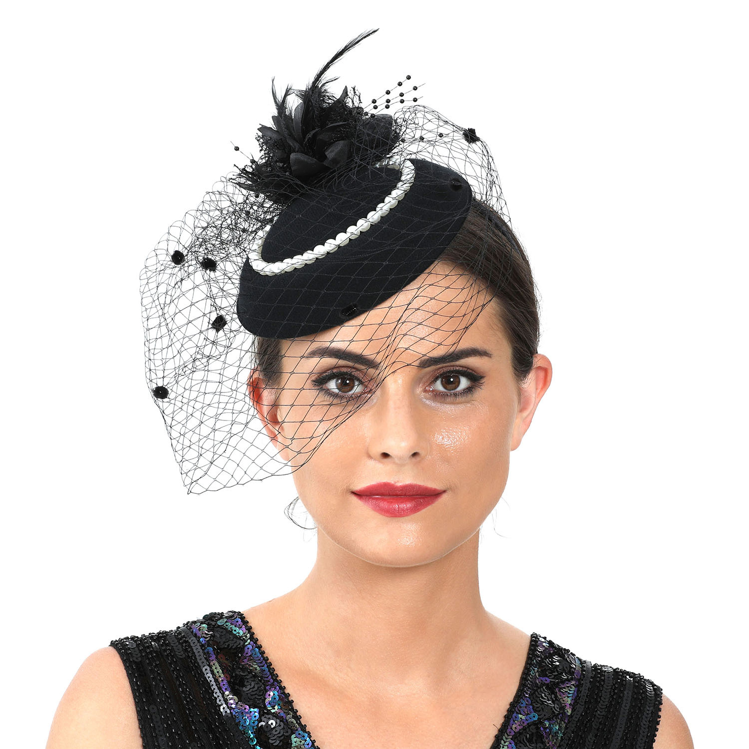 Women'S Fashion Kentucky Derby - Kapelusz fascinator z piórami i woalką,